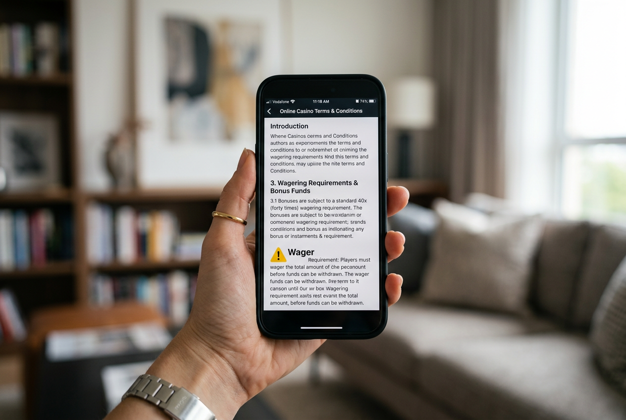 Zbliżenie na ekran smartfona z regulaminem bonusu